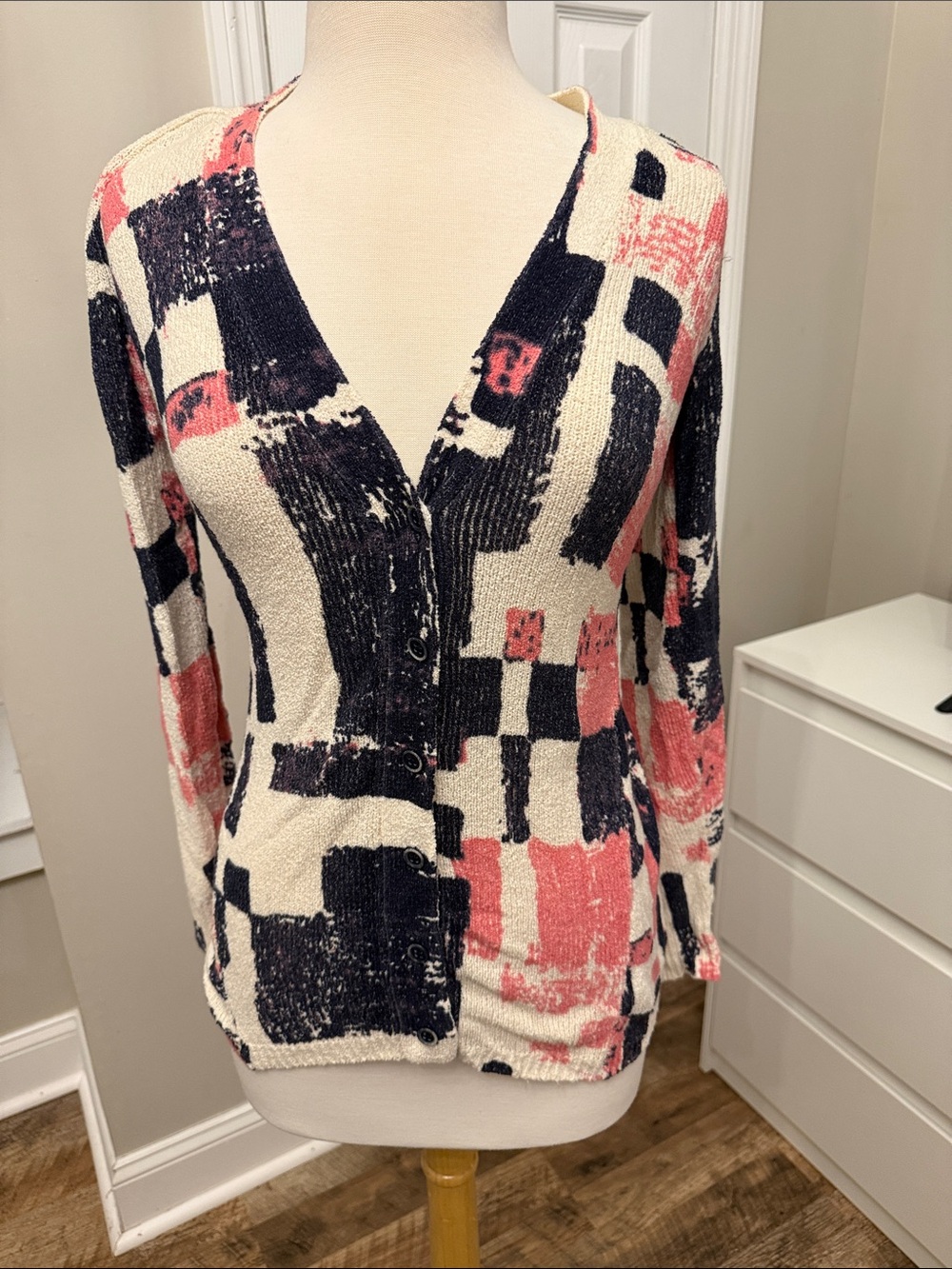 Abstract Block Print V-Neck Cardigan Sweater - Cream, Black & Coral Pink
